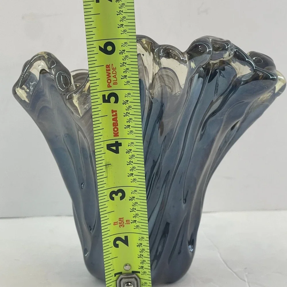 Vintage Murano Style Handkerchief Art Glass Vase Brown Swirl‎ Ruffle Hand Blown